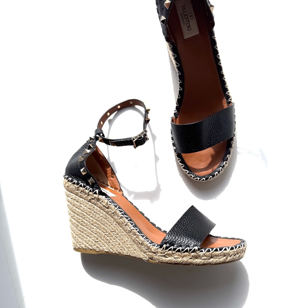 Valentino Garavani Double Rockstud Black Espadrille Wedge Heel Sandals